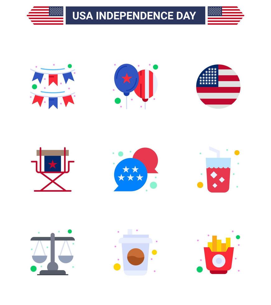 USA Independence Day Flat Set of 9 USA Pictograms of television movies party director usa Editable USA Day Vector Design Elements