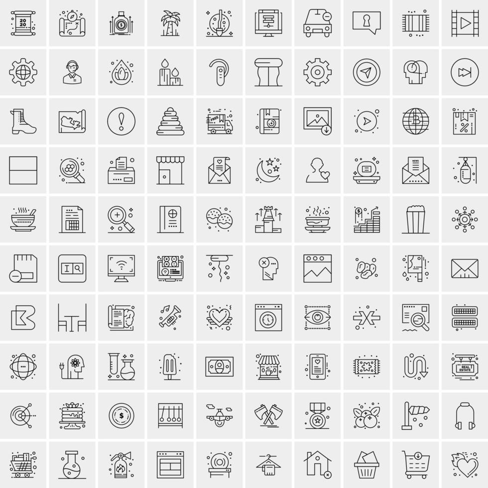 100 Universal Black Line Icons on White Background vector