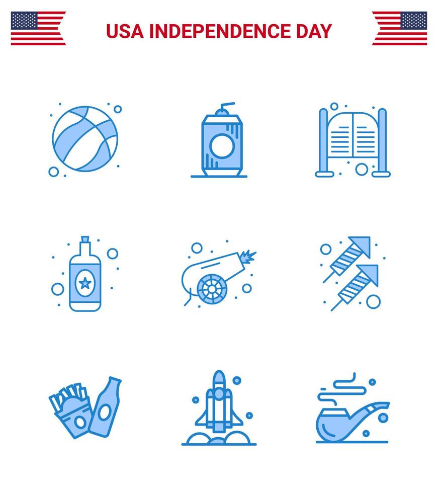 Stock Vector Icon Pack of American Day 9 Line Signs and Symbols for canon wine bar bottle entrance Editable USA Day Vector Design Elements