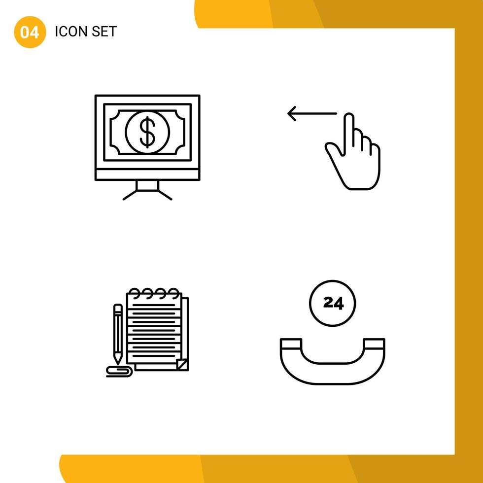 Mobile Interface Line Set of 4 Pictograms of bank notepad money gestures pad Editable Vector Design Elements