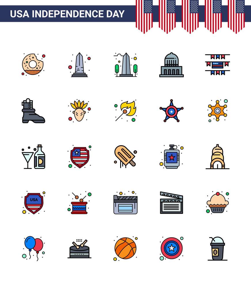 feliz día de la independencia usa paquete de 25 líneas creativas planas llenas de bota american washington party decoration usa editable usa day elementos de diseño vectorial vector