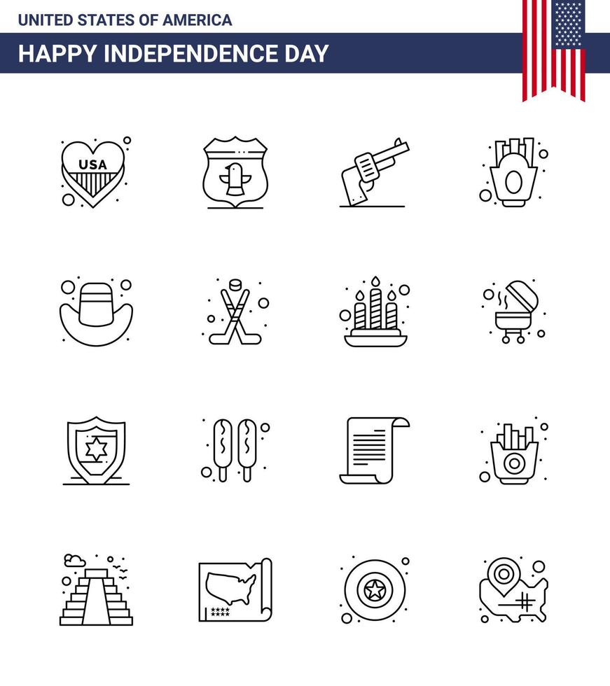 Set of 16 Modern Lines pack on USA Independence Day cap food gun fries chips Editable USA Day Vector Design Elements