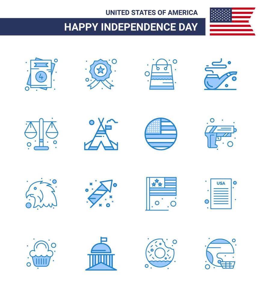 Editable Vector Line Pack of USA Day 16 Simple Blues of law court bag st pipe Editable USA Day Vector Design Elements