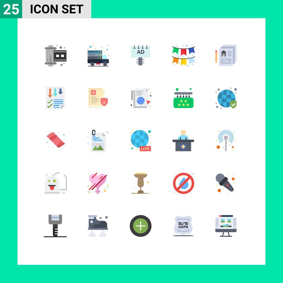 conjunto moderno de 25 colores planos y símbolos, como guirnaldas de documentos y celebración de banderas, elementos de diseño vectorial editables vector