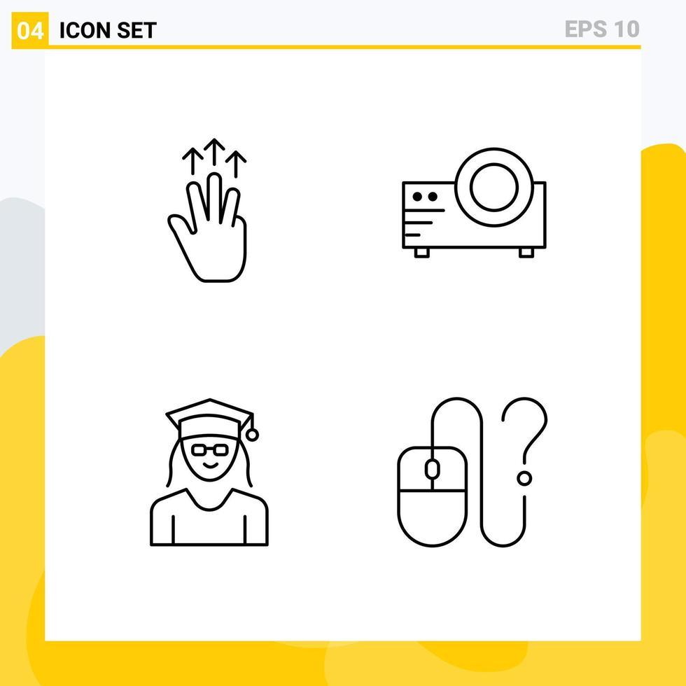 Set of 4 Modern UI Icons Symbols Signs for gestures cap three finger film graduation Editable Vector Design Elements
