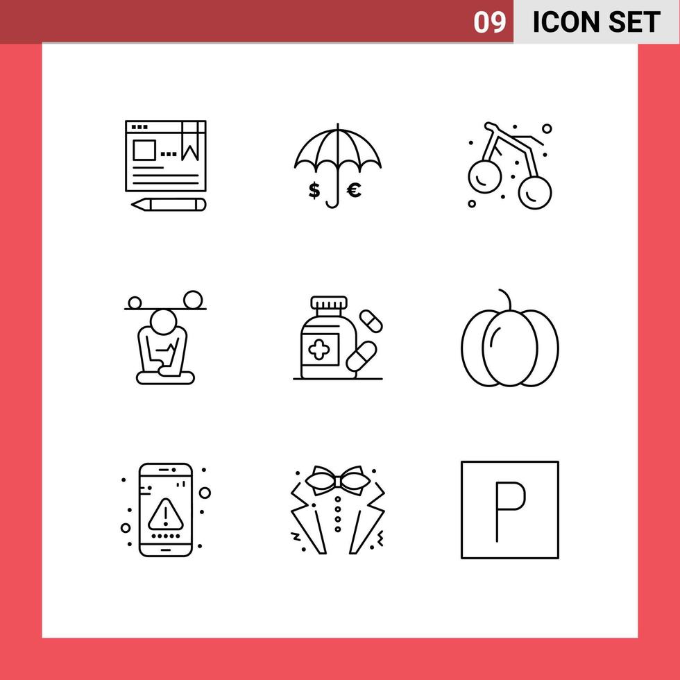 Group of 9 Outlines Signs and Symbols for mindfulness meditation save concentration cherry Editable Vector Design Elements