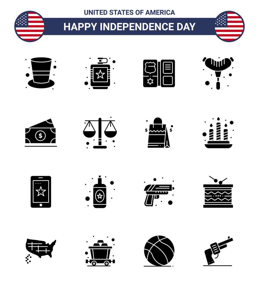 Pack of 16 USA Independence Day Celebration Solid Glyphs Signs and 4th July Symbols such as money sausage liquid frankfurter star Editable USA Day Vector Design Elements