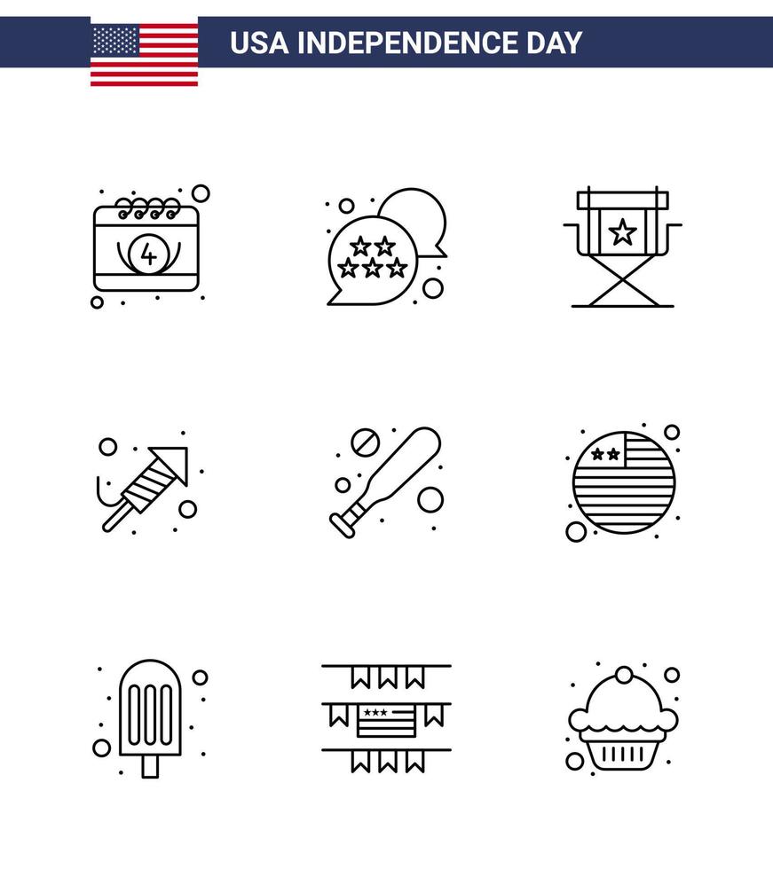 Happy Independence Day 9 Lines Icon Pack for Web and Print baseball festival chair religion television Editable USA Day Vector Design Elements