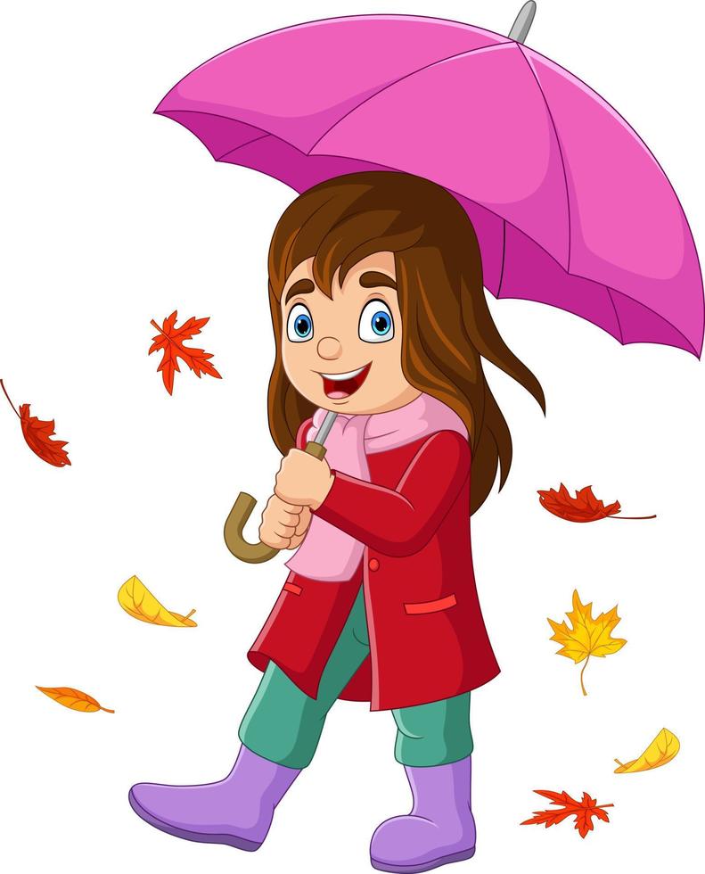 Cartoon little girl with umbrella and autumn leaves vector