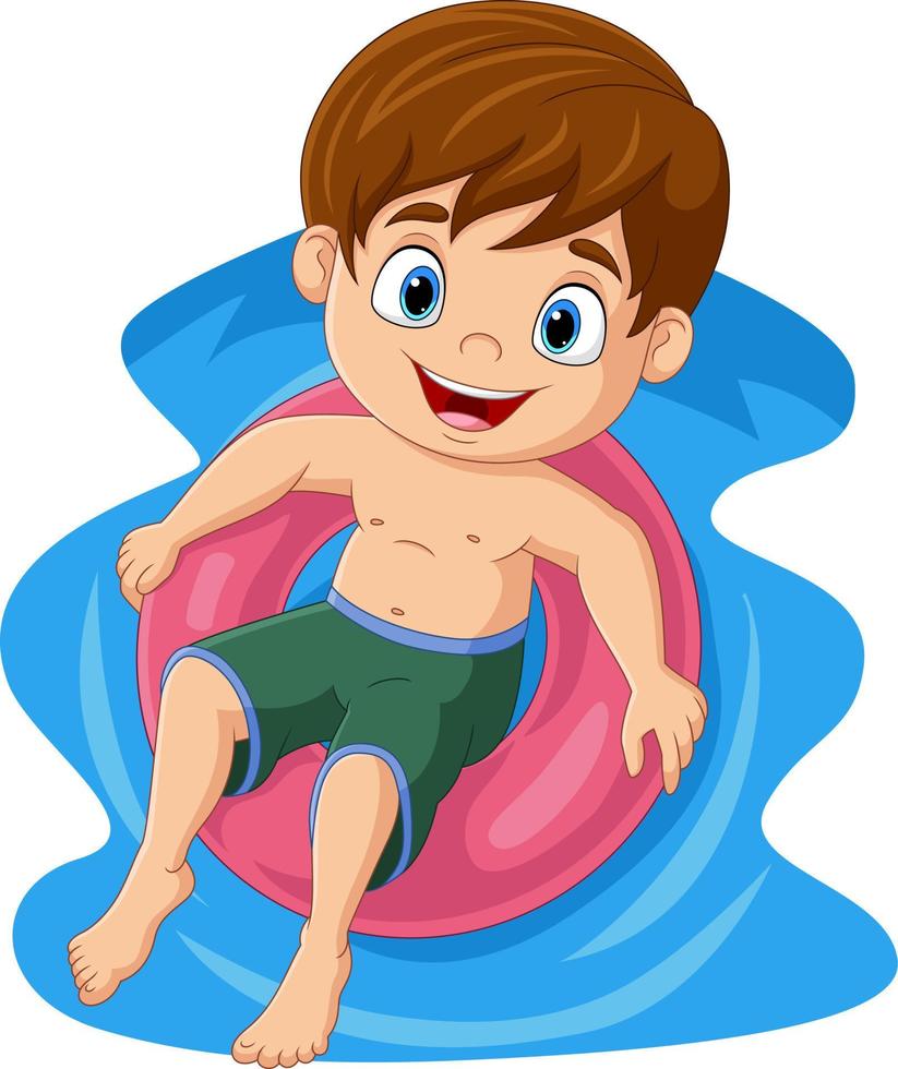 lindo niño flotando en un anillo inflable vector