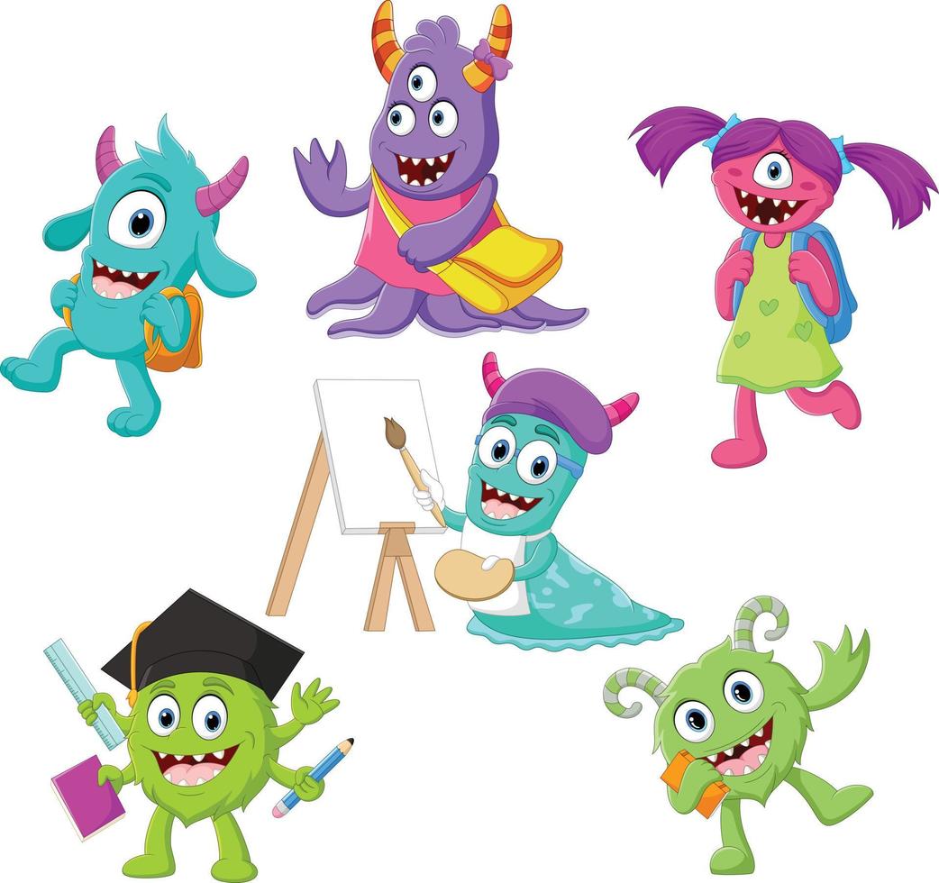 linda colección de dibujos animados de la escuela de monstruos vector