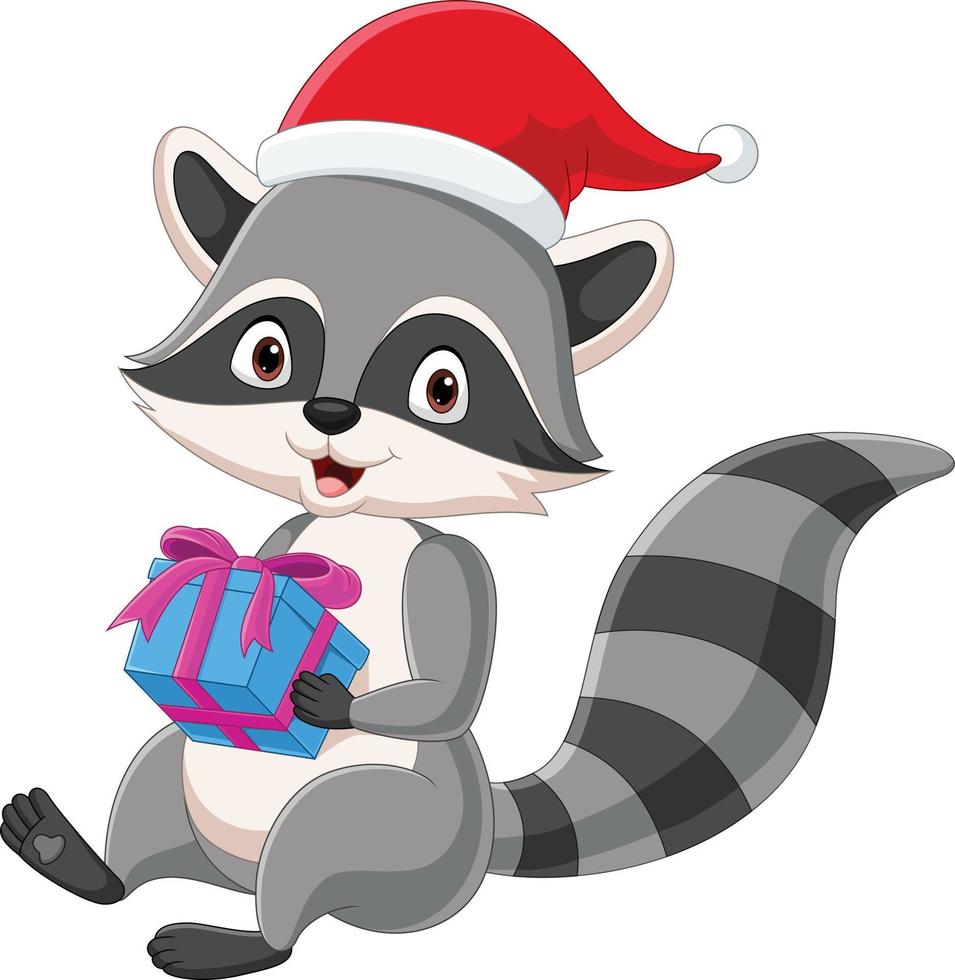 Cartoon raccoon holding a gift box vector