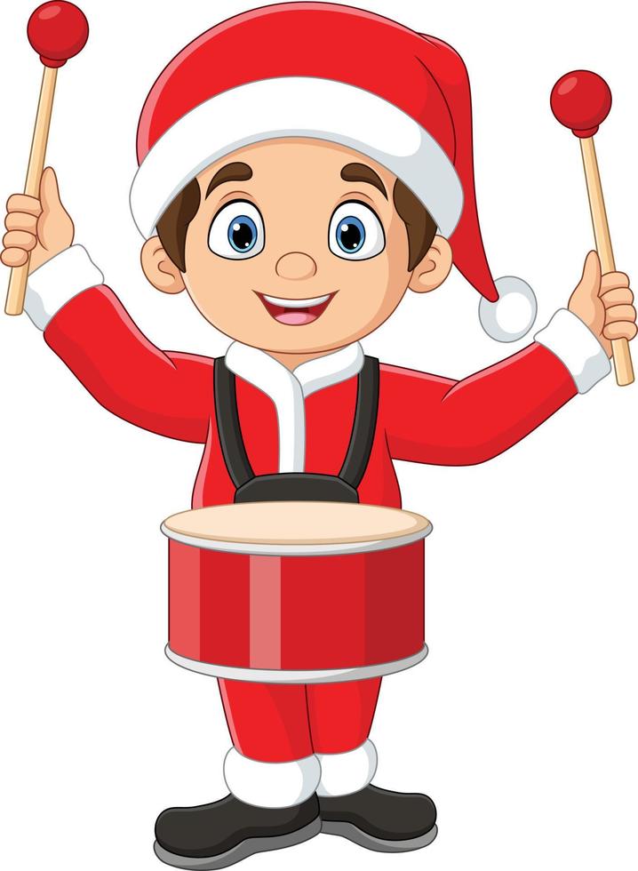 Cartoon little boy in red santa clothes playing drums vector