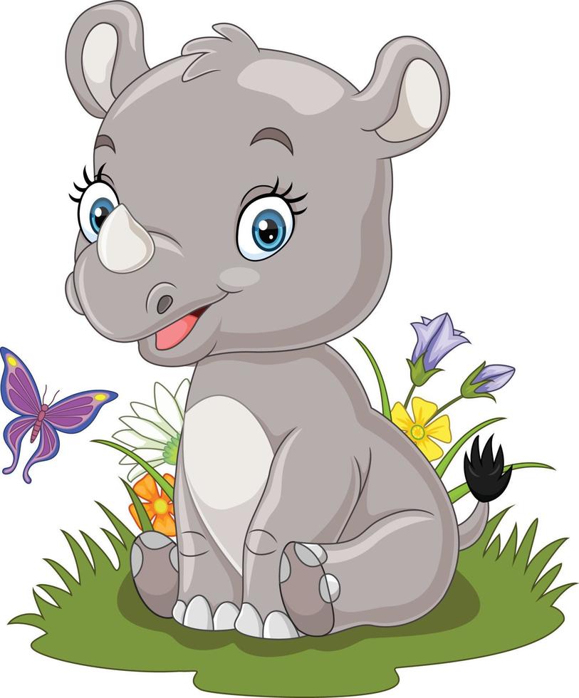 caricatura, bebé, rinoceronte, sentado, en, el, pasto o césped vector