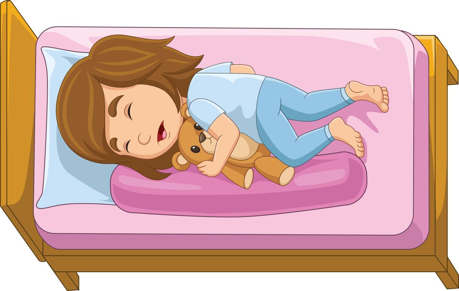 Cartoon little girl sleeping with stuffed bear in bed vector