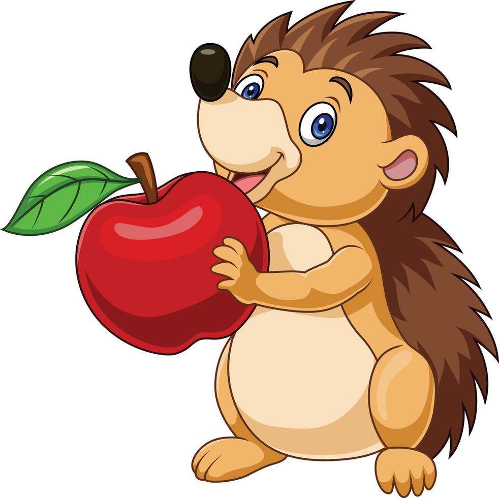 Cartoon baby hedgehog holding red apple vector