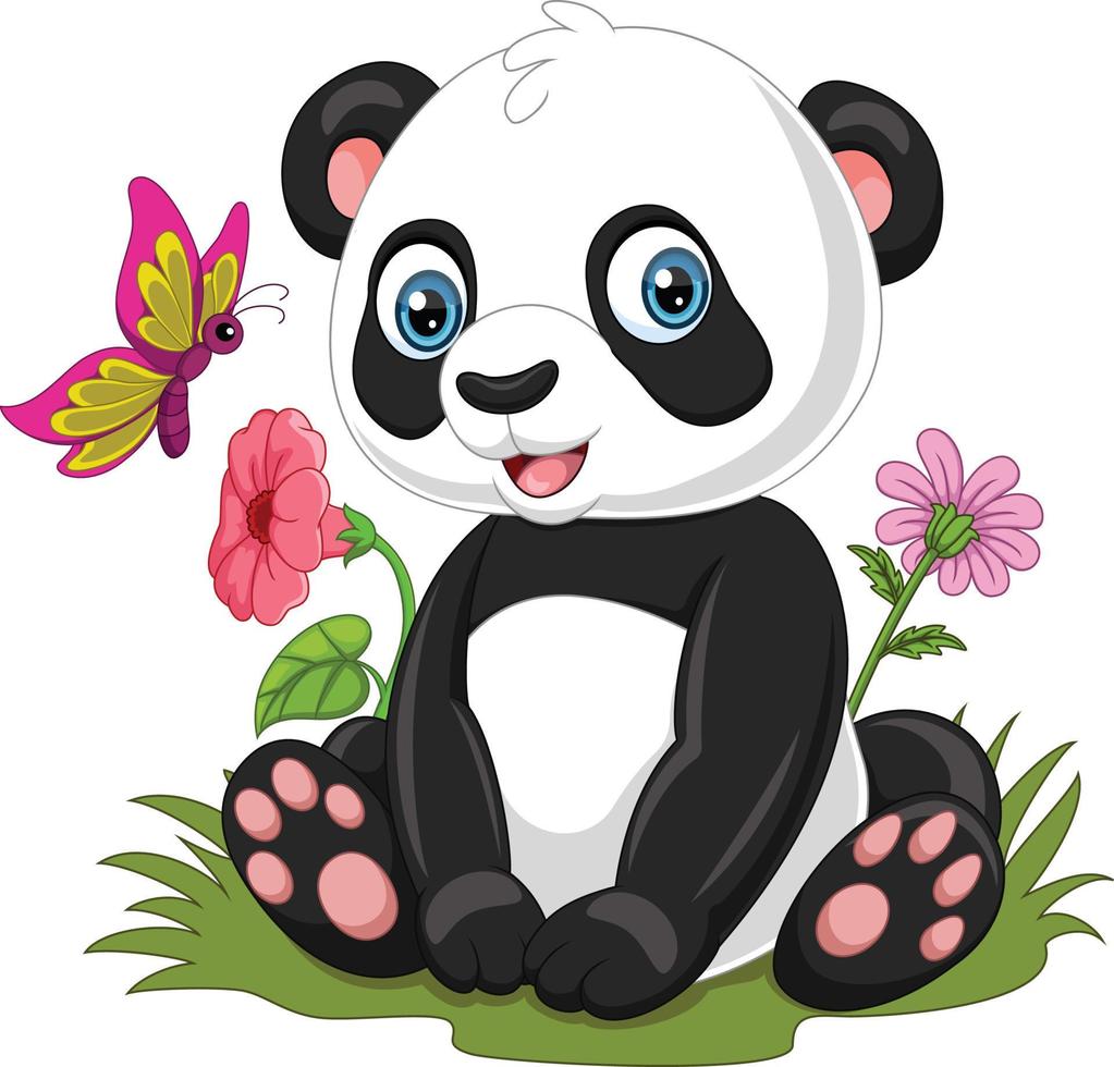 Cartoon little panda sitting in the grass vector