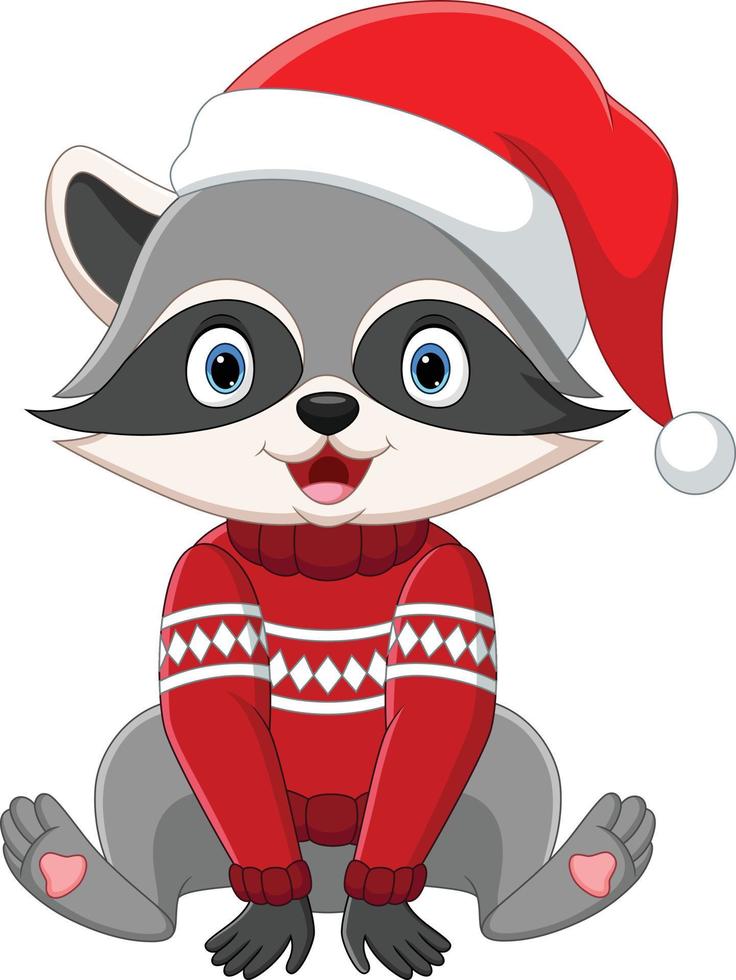 Cartoon raccoon in sweater and santa hat vector