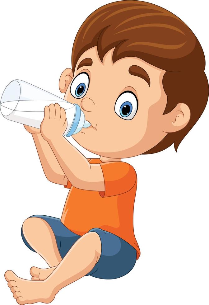 niño pequeño de dibujos animados bebiendo leche con botella vector