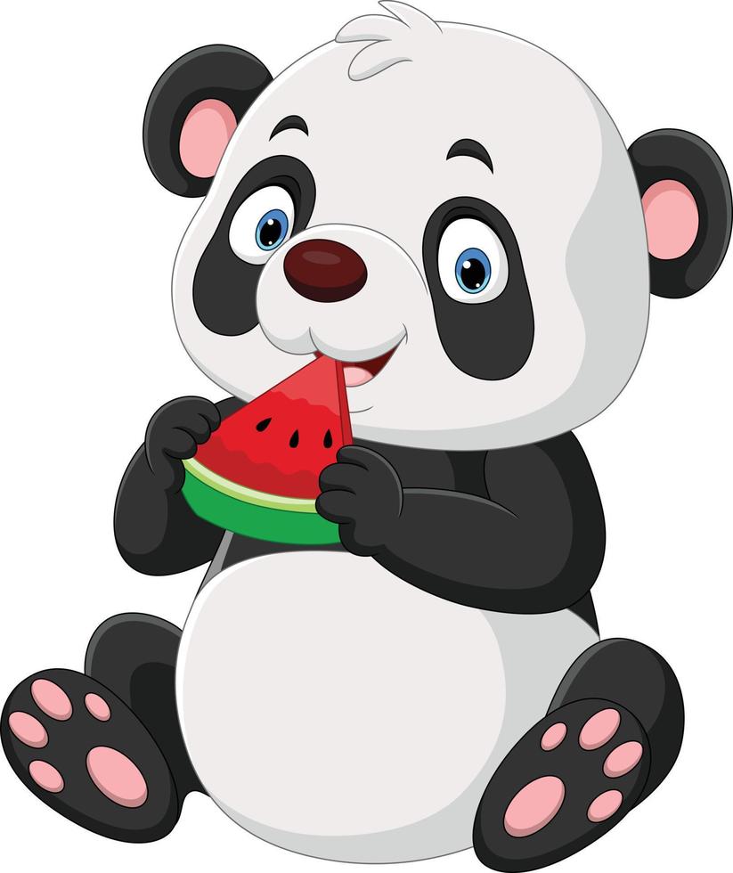 Cartoon funny panda eating watermelon vector