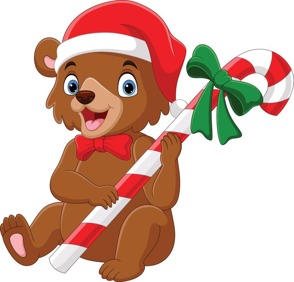 Cartoon bear wearing scarf and hat holding candy cane vector