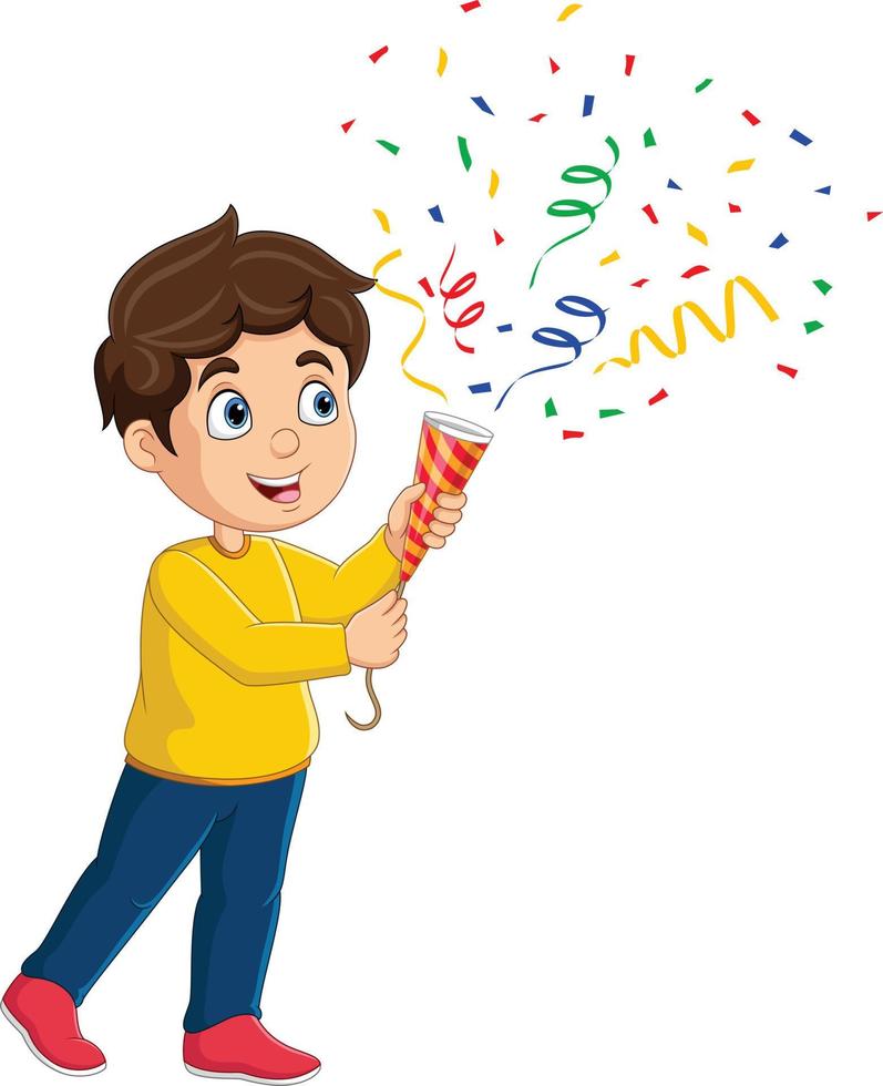 Cartoon little boy playing confetti popper vector
