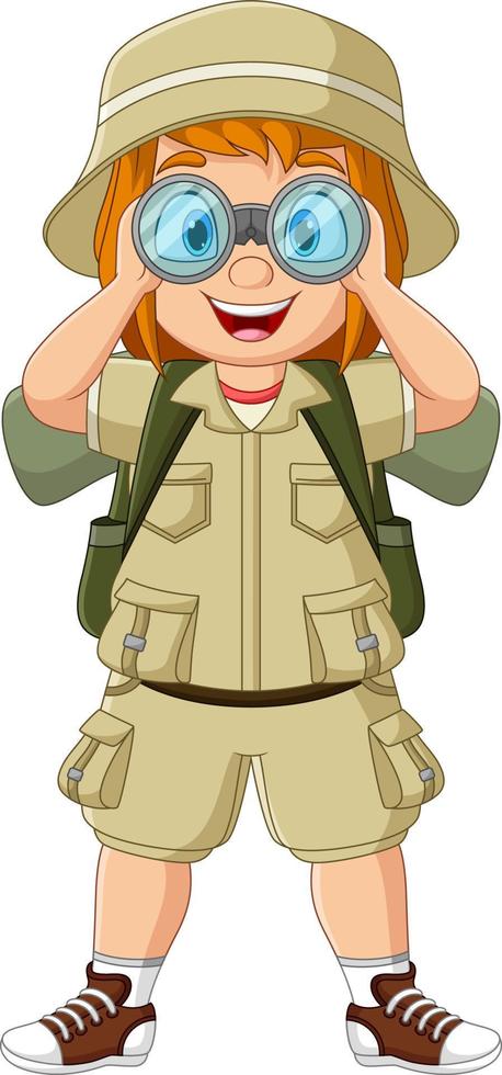 Cartoon explorer girl with binoculars vector