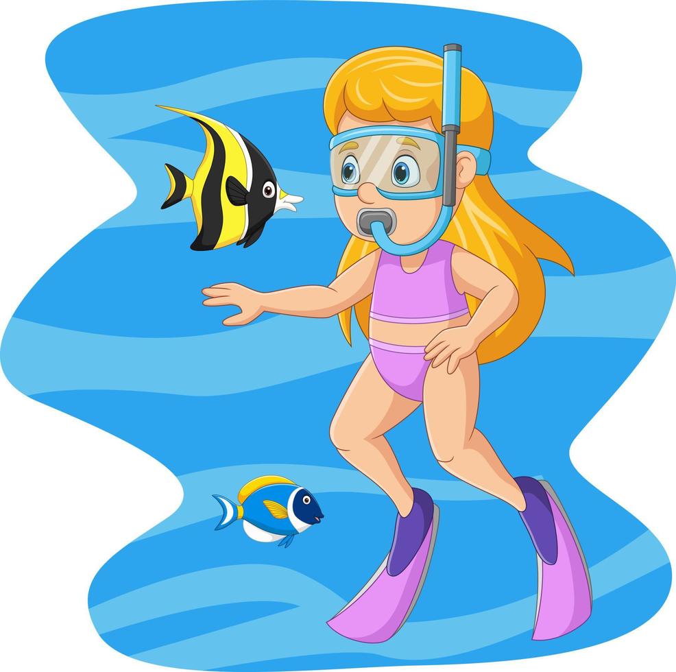 Cartoon little girl in underwater with tropical fish vector