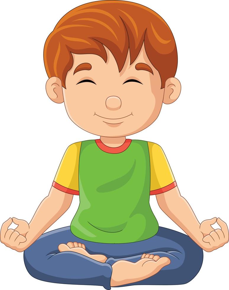 Cartoon little boy doing lotus yoga position vector