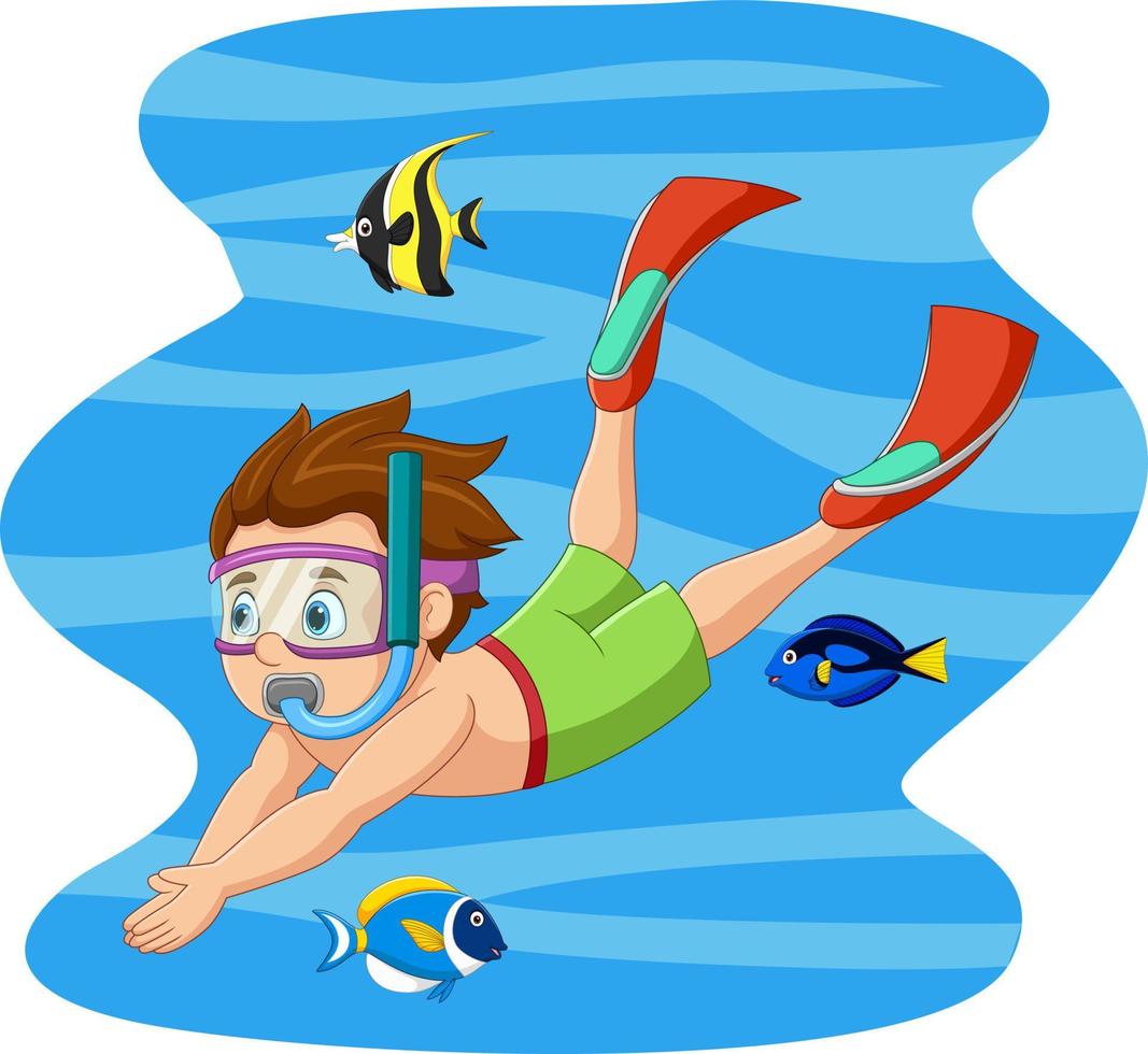 Cartoon little boy swimming and diving in underwater with tropical fish vector