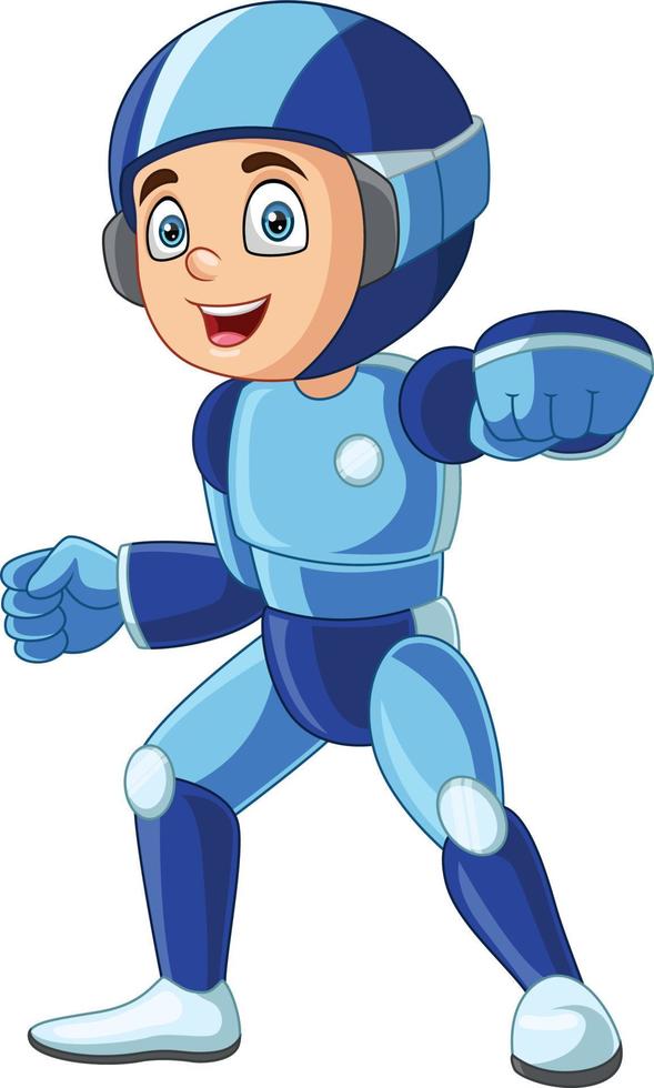Cartoon cute boy wearing humanoid robot vector