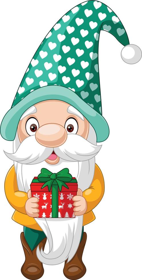 Cartoon happy gnomes holding a gift vector