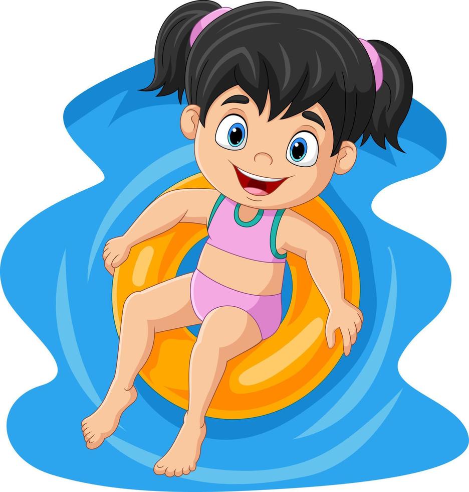 linda niña con traje de baño flotando en un anillo inflable vector