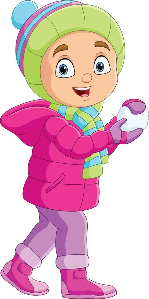 Cartoon little boy in winter clothes with snowballs vector