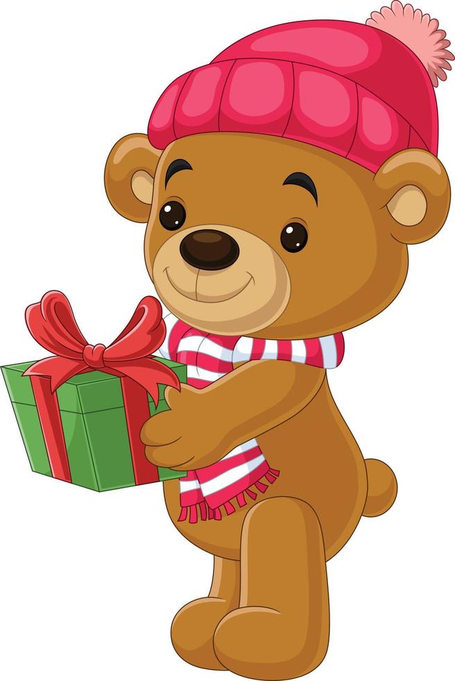 Cartoon teddy bear wearing scarf and hat holding gifts vector