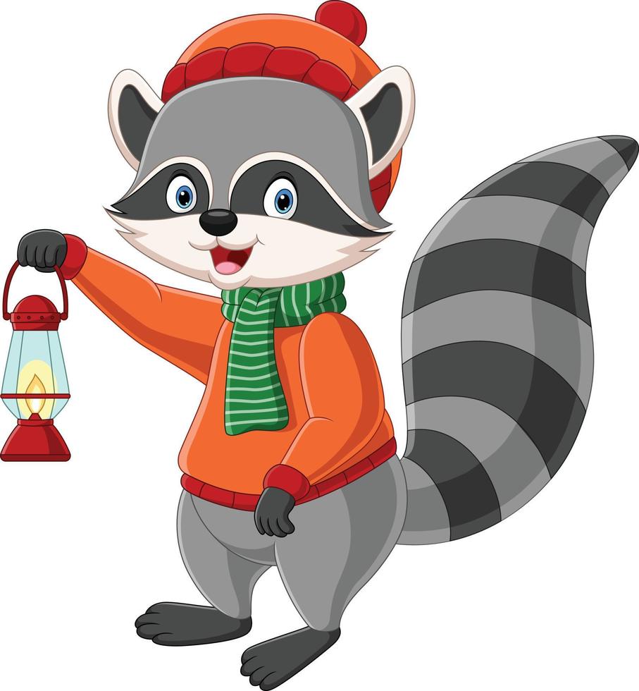 Cartoon raccoon holding a lantern vector