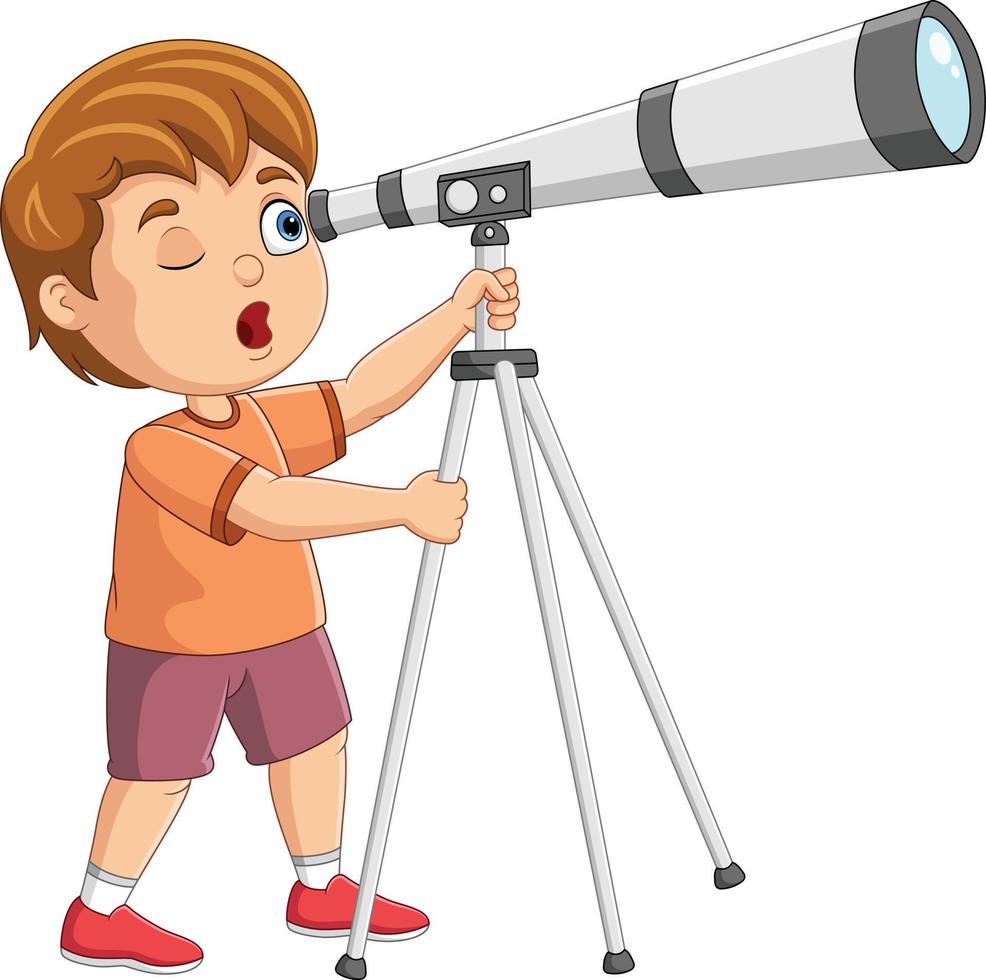 niño pequeño de dibujos animados mirando a través de un telescopio 15219743  Vector en Vecteezy