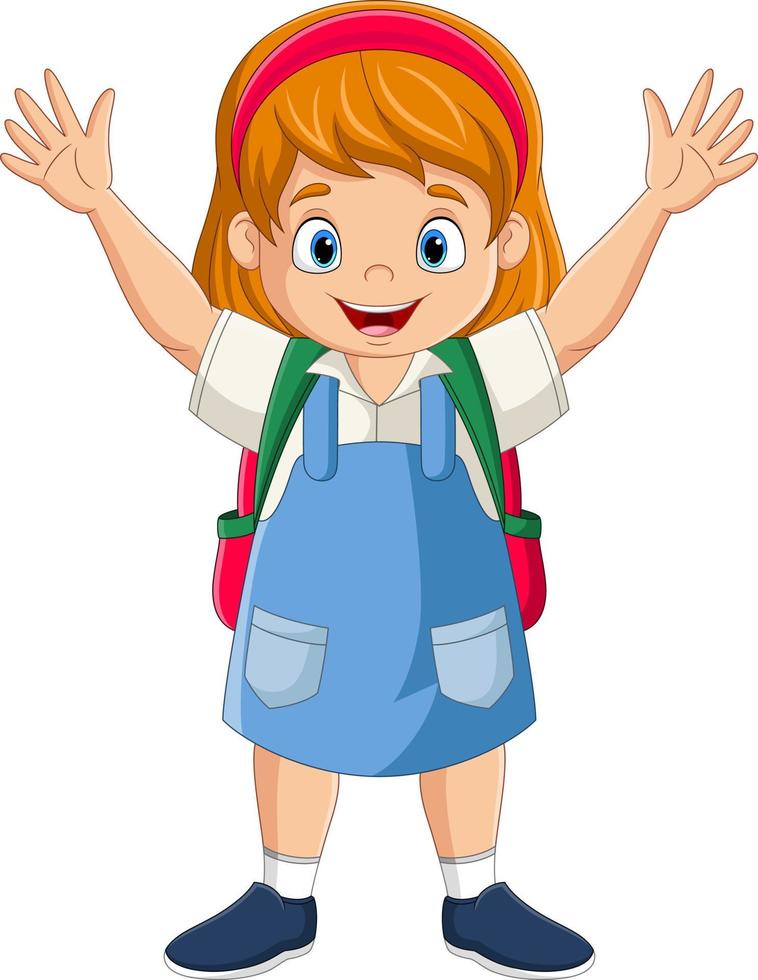 Cartoon school girl with backpack waving hand vector