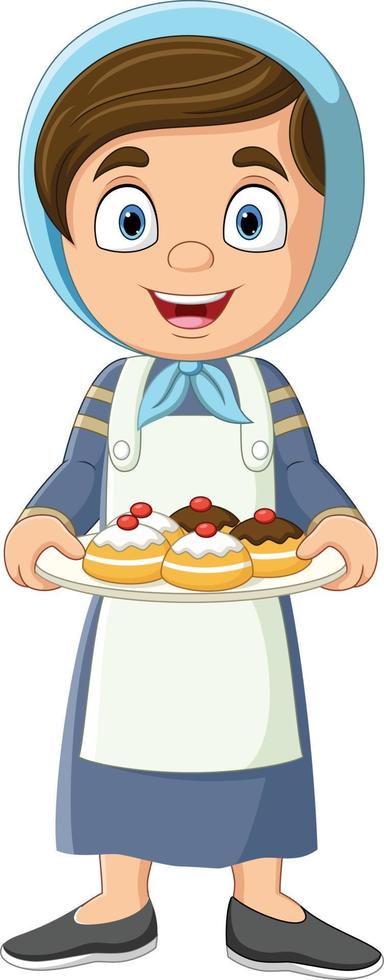Jewish woman carrying hanukkah sufganiyot vector