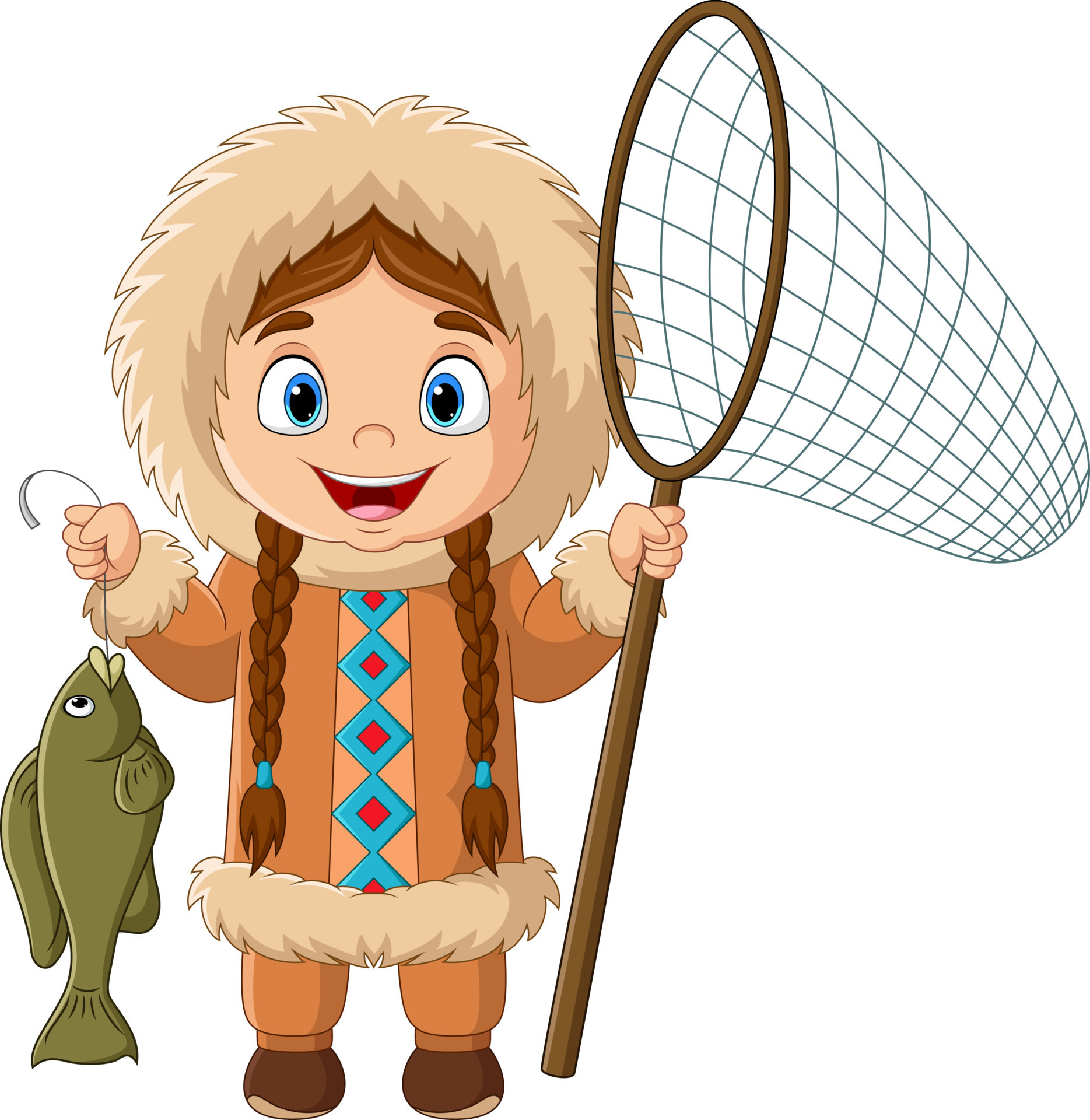 Cartoon eskimo girl catching a fish with net 15219785 Vector Art at Vecteezy