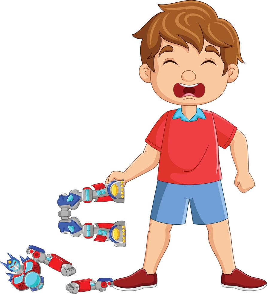niño pequeño de dibujos animados llorando porque el juguete robot está roto vector