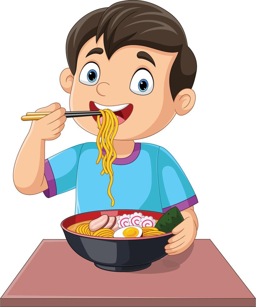 niño pequeño de dibujos animados comiendo fideos ramen vector