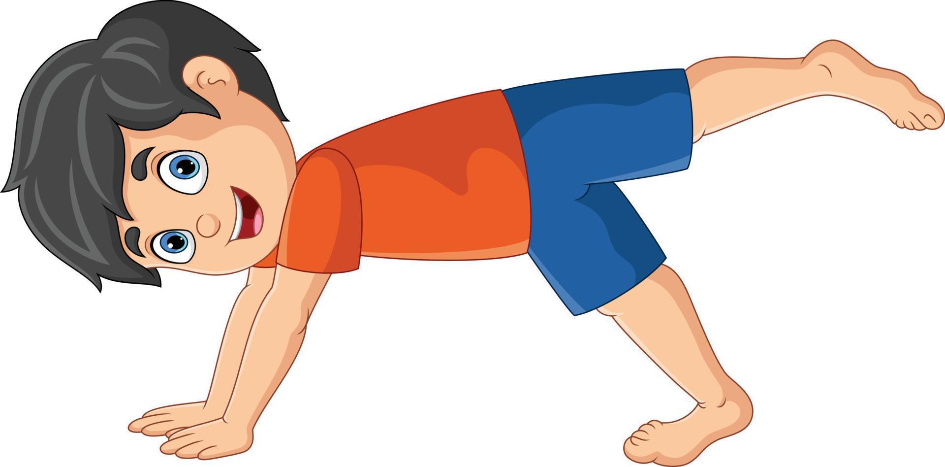Cartoon happy boy doing yoga pose vector