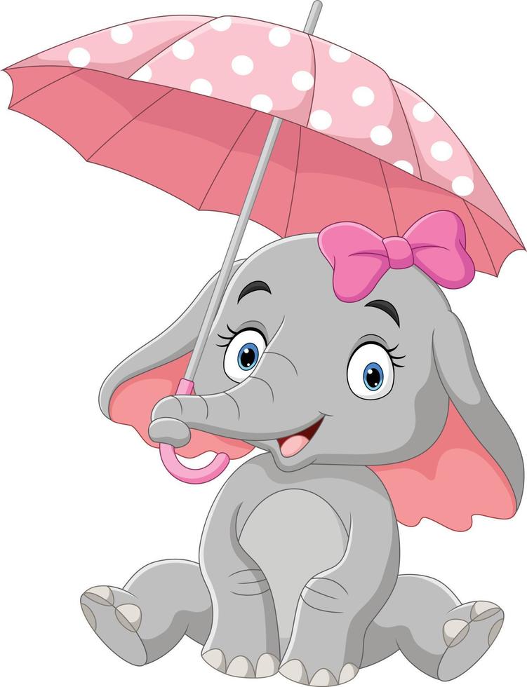 lindo, elefante, niña, caricatura, con, paraguas vector