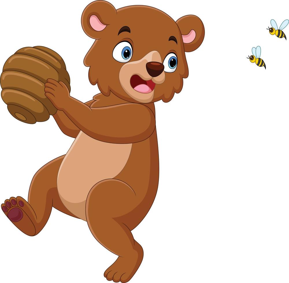 Cute bear running with a honeycomb from angry bees vector