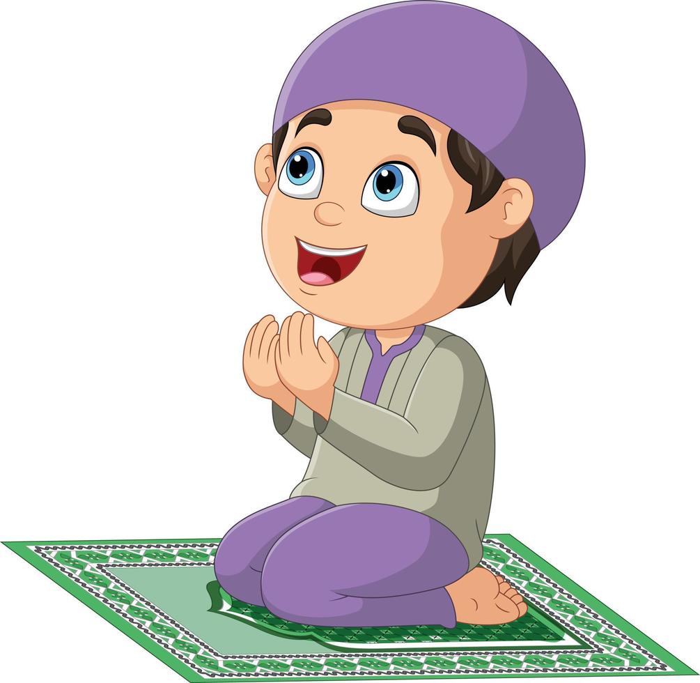 Cartoon Muslim boy praying on the prayer rug vector