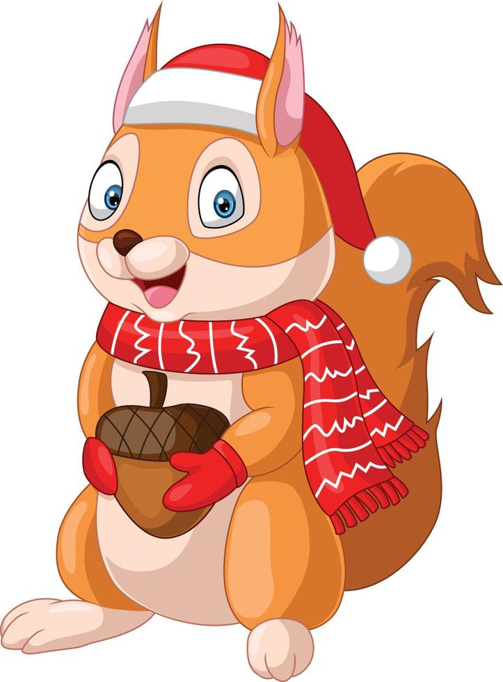 Cute squirrel cartoon wearing scarf and hat holding a nut vector
