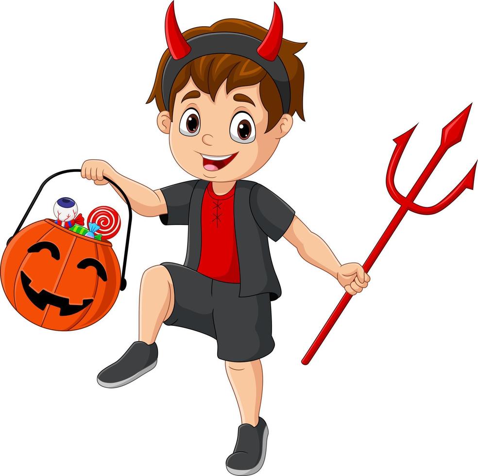 niño pequeño de dibujos animados disfrazado de diablo sosteniendo una canasta de lucifer y dulces en calabaza vector