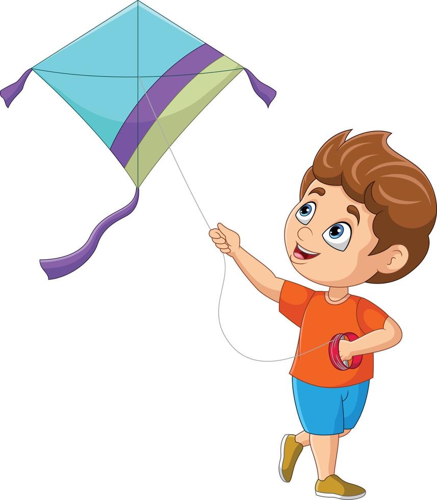 Cartoon happy little boy playing a kite vector