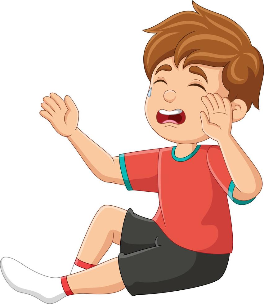 Cartoon little boy sitting and crying vector